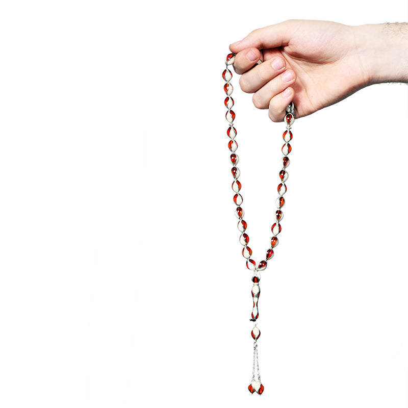 مسبحة معدن 10 ملم مطعم كهرمان وعاج شرابة فضة