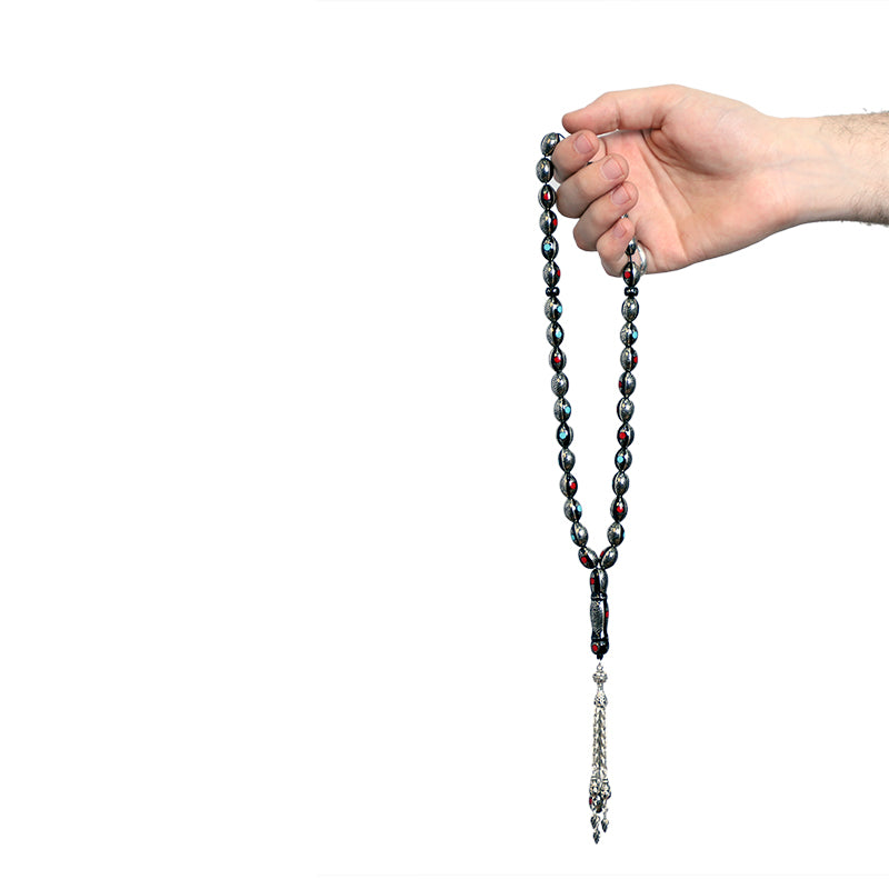 مسبحة يسر 10 ملم سوبر اكسترا مطعم فضة وفيروز ومرجان شرابة فضة