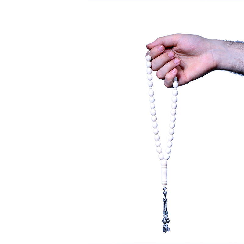 مسبحة عاج 33 حبة 10 ملم مع شرابة فضة